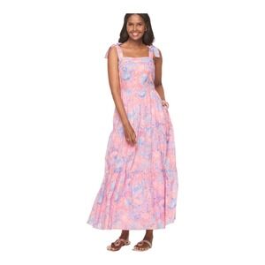 Talbots Women's Poplin Fit Maxi Dress Sundress Tiered Cotton Pink Floral Size 4P